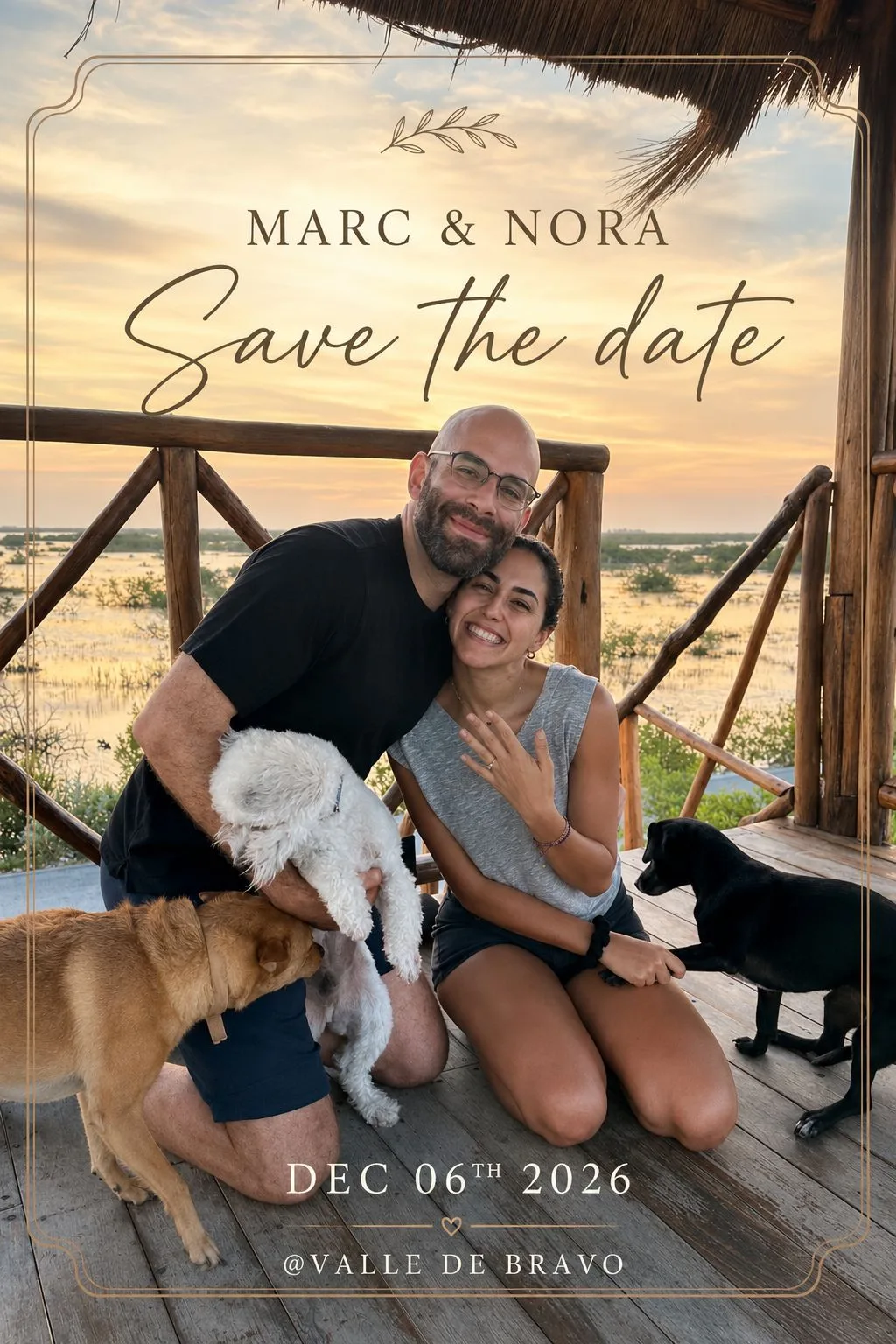 Marc and Nora smiling together with their dogs at sunset